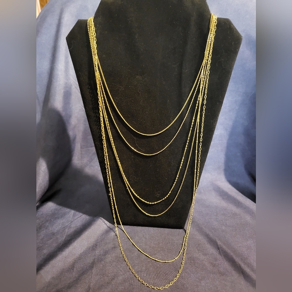 BANANA REPUBLIC 6 Chain Tiered Necklace Gold Tone - Picture 2 of 4